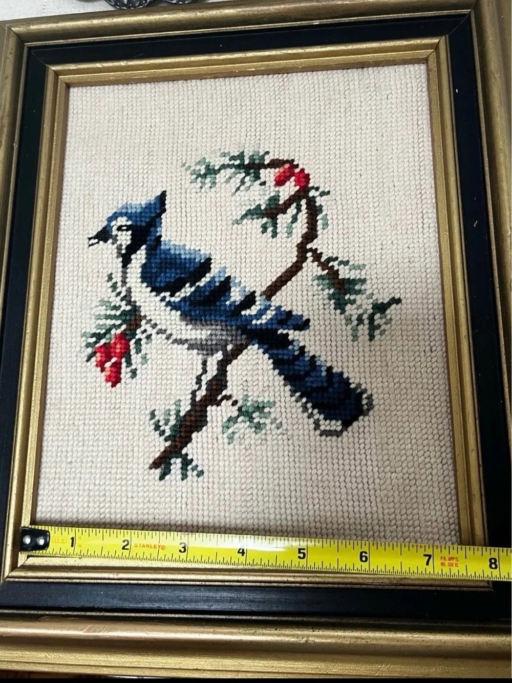 Handmade Blue Jay Cross Stitch Wall Art - Black and gold frame